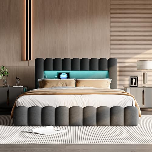 NSXSBUZ Cama de almacenamiento hidráulico 160 x 200 cm, cama doble con carga USB e iluminación LED, cama acolchada con compartimento de almacenamiento y cabecera, tela de lino gris (gris, 160 x 200 cm