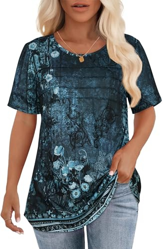 T Shirts for Women UK Summer Tops Pleated Casual Tees Short Sleeve Round Neck Basic Blouse(B-Blue Flower Smudge,L)