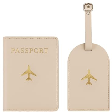 Genérico Funda Pasaporte con Identificador De Maletas, Porta Pasaporte de Cuero con Bloqueo RFID, Set de Viaje Passport y Etiquetas de Equipaje (Negro) (Beige)