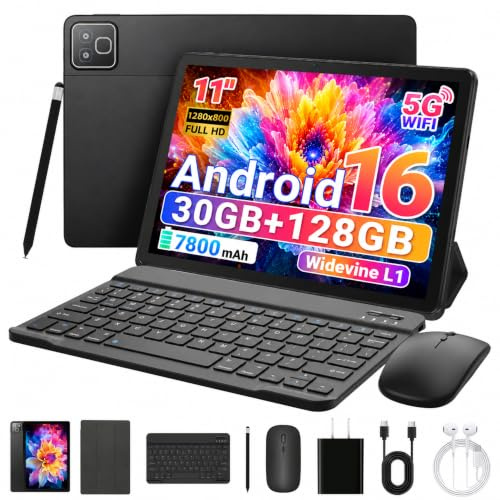 TT.KIDS 11 Inch 2 in 1 Android 16 Tablet with Keyboard Mouse Pen Case, 30GB RAM 128GB 1TB Expandable, 7800mAh Battery, HD Screen Widevine L1, Dual Cameras Face Unlock, WiFi 6 BT 5.4 Tablets Bundle