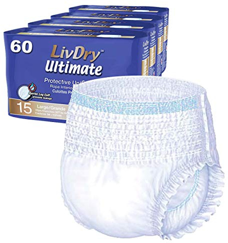 LivDry Large Ultimate Adult Incontinence Underwear, High Absorbency, Leak Cuff Protection, L, 60-Pack