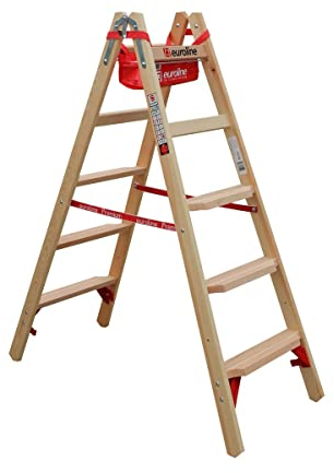 Euroline Holz Comfort-Stufenstehleiter mit Eimerhaken und Werkzeugablagetasche Nr. 10577-2x5