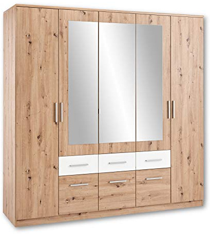 Stella Trading FLORIDA Elegante armadio con specchio – Versatile armadio con ante girevole con ampio spazio in effetto rovere Artisan, bianco, 212 x 213 x 60 cm (larghezza x altezza x profondità)