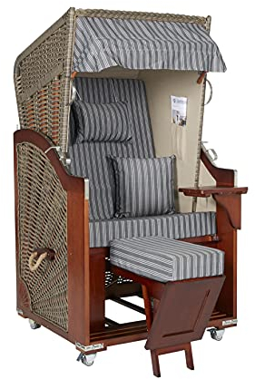 intergrill Strandschönheiten AVA Deluxe Strandkorb Ostsee Single Vollholzfront Korb außen beige Pinienholz innen grau gestreift Balkone Terrassen Garten Lounge