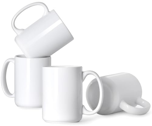 Smilatte 16 OZ Porcelain Coffee Mugs, Classic Blank Ceramic Cup with Large Handle for Tea Latte Cappuccino, Set of 4, White