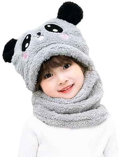 JFAN 2 in 1 Cappello Bambino Invernale Unisex Cappello con Orecchie da Orso Caldo Antivento Passamontagna per Ragazzo e Ragazza Grigio