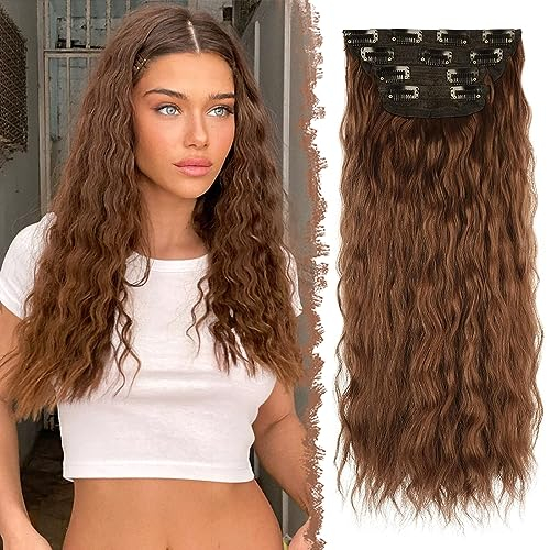 FESHFEN Clip in Haar Extensions Wellen Haarverlängerung, 4 PCS Gewellt Clip Haar Extensions Synthetik Lang Haarextension Clips Haarteile für Damen, Helles Rotbraun 50 cm