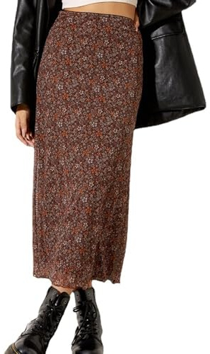 Avanova Women's Ditsy Floral High Waisted Skirts Lettuce Trim Summer Boho A Line Midi Skirt A Brown Small