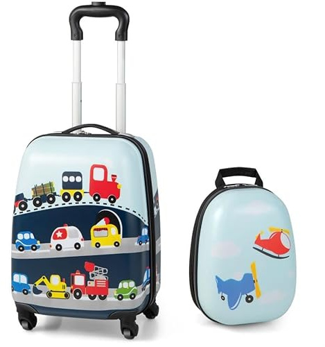 GYMAX 2Pc Kids Luggage Set, 12 & 16 Children Hand Trolley Case with 4 Spinner Wheels, Carry On Suitcase for Boys Girls Travel School (Sky Blue)