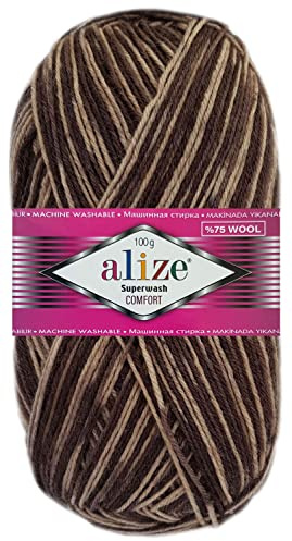 100 Gramm Alize Sockenwolle Superwash Comfort Color Farbig 4fädig 7678 Braun Mix Dunkel