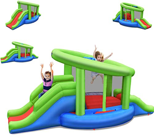 COSTWAY Château Gonflable en Forme de Escargot avec 2 Toboggans, Maison de Rebond Gonflable avec Mur d'escalade, Panier de Basket, Charge 135 kg pour 2 Enfants de 3-10 Ans（sans souffleur