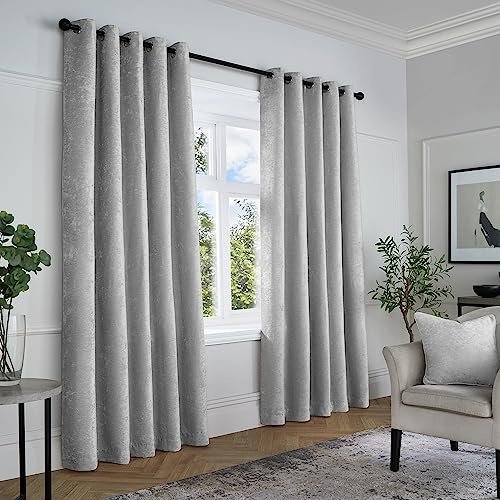 Curtina - Grey Woven Curtains W66 x L54 (168 x 137cm) - Light Grey Eyelet Curtains - Textured Chenille Curtains in Silver Grey - Luxury Curtains & Drapes for Bedroom/Living Room - Weave Drapes