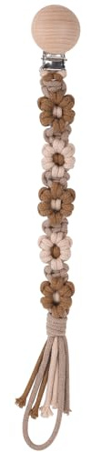 Symbolife Pacifier Clip for Boys Girls Floral Daisy Macrame Baby Paci Clip Pacifier Holder Leash Boho Wooden Clips Handmade Braided Cotton Binky Clips (1pack:Maillard Style)