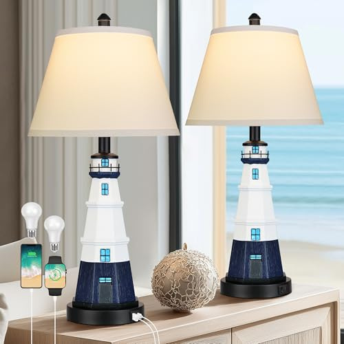 Juego de 2 lámparas de mesa modernas de faro, lámpara de mesa náutica, color blanco y azul marino, luces de lectura de resina de estilo náutico para dormitorio, sala de estar, bombillas incluidas