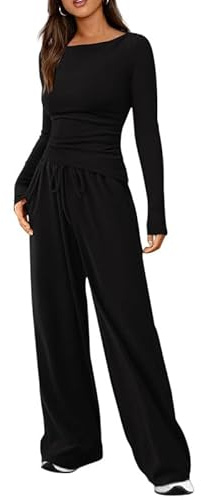 Haibang Tvådelad dam höst bomull lounge set smal passform joggingdräkt träningsoverall mysig hemmadräkt loungewear Y2K outfit asymmetrisk fåll långärmad skjorta och dragsko bred ben långa byxor set