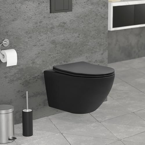 LuxeBath Hänge-WC lang, spülrandlos mit Nano-Versiegelung, schwarz matt, Wand-WC mit WC-Sitz abnehmbar aus Duroplast Softclose Absenkautomatik, Tiefspüler Toilette aus Sanitärkeramik, Tiefspül-WC