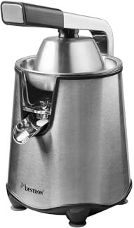 Bestron Spremiagrumi elettrico, spremiagrumi con funzione di arresto e filtro polpa in acciaio inox, con 2 coni, capacità 450 ml, leva soft pressa per un facile utilizzo, colore: argento