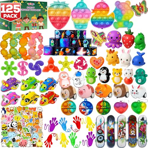 125 Pcs Party Favors Fidget Toys Pack, Randomly Selected Pop Sensory Set 65 Stickers Gifts for Kids Adults Boy Girl Stocking Stuffers Autistic Goodie Bag Filler Treasure Box Classroom Prizes School