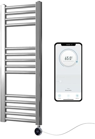 Greened House Scaldasalviette elettrico cromato intelligente controllato tramite WiFi, piatto, programmabile per 7 giorni, compatibile con app (300 mm di larghezza x 800 mm di altezza)