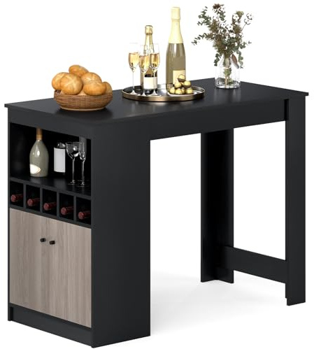 COSTWAY Bbord kök, köksbänk med vinhyllor och öppna fack och 2 dörrar, 2 personer, hushållsbar, köksbord, trä, bardisk 120 x 60 x 91,5 cm, svart