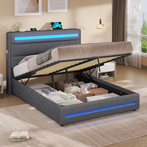 KIMENICH Double Bed Frame 135 x 190 cm with LED Lighting, 4ft6 Upholstered Ottoman Storage Bed With Gas End Lift & Under Bed Storage, Headboard with Storage and USB Type-C Charging, Linen Grey