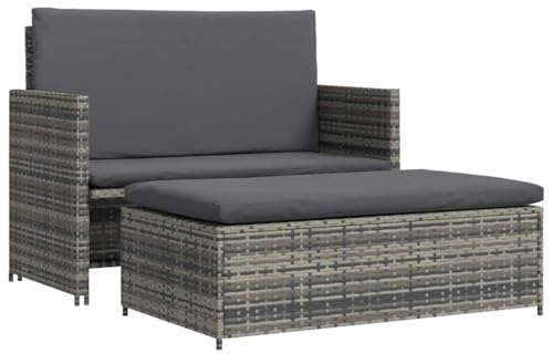 RMIHSJG Canapé de jardin 2 places, avec tabouret et coussin, en polyrotin, gris, résistant aux intempéries, cadre en acier modulaire, pour terrasse, groupe de sièges avec coussins