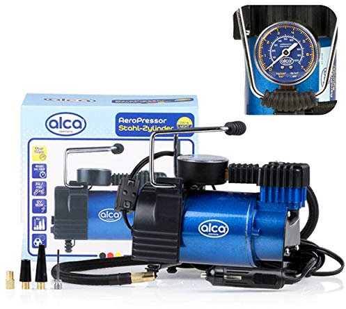 Premium ALCA Germany handy 12V Air Compressor Pump 35L 7 BAR 100PSI Illuminate Pressure Gauge, Adapters, All Types Tyres Inflator, Cigarette Plug, 11.5FT Power Cord A227500
