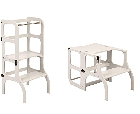 Klappbarer Lernturm mit Sitzfunktion, 45 cm Stehhöhe, Step’n’Sit, Lernturm mit Sitz und Tisch umklappbar, Birkenholz, UV-Lackiert, Grau mit Messing Beschlägen