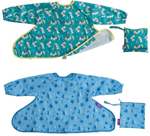 Tidy Tot Cover & Catch Babero de destete impermeable - Se fija a su trona - Lavable a máquina -fácil de limpiar - Ideal para evitar comidas desordenadas - Mangas largas, Paquete de 2 (6 m a 2a)