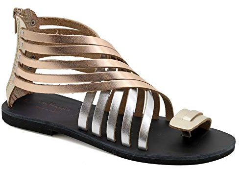 Emmanuela Sandalias de gladiador de piel griega con ejes de cremallera, zapatos de verano hechos a mano, sandalias planas estilo boho chic, Multicolor, 36 EU