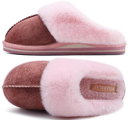 KuaiLu Zapatillas Casa Mujer Invierno Caliente Peluche Piel Cerradas Pantuflas Comoda Peludas Memory Foam Slippers Antideslizante Goma Suela Rosa 39