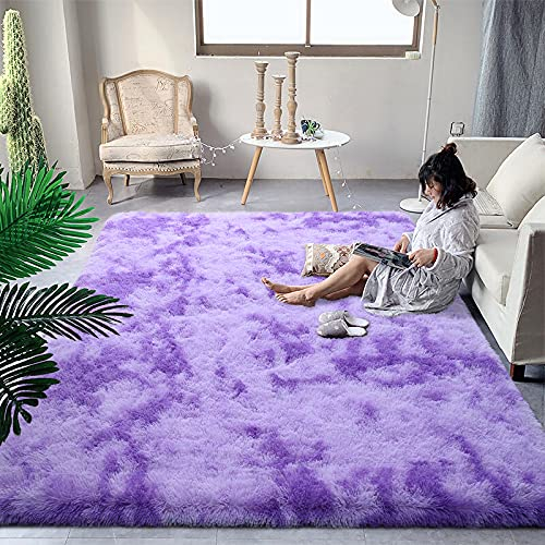 DweIke Fluffy Modern Area Rugs for Living Room Bedroom, 4x6 ft Plush High Pile Purple Rug for Kids Girls Room Nursery Home Decor, Upgrade Non-Slip Girls Bedroom Soft Indoor Rug, Tie-Dyed Purple