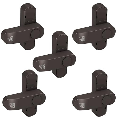 BASI | Fenstersicherung 5er Set | Weiß Braun | Zusatzsicherung für einflügelige Fenster Fenstertüren | verriegelbar mit Druckknopf | Schwenkriegel | Einbruchschutz | Farbe Braun | 5 Stück