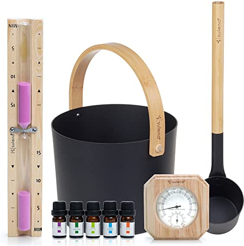SULENO - Sauna Set KJELL 2 | 9-teilig - Saunakübel, Saunakelle, Klimamesser 2in1, Sanduhr, Saunadüfte, Saunazubehör (Schwarz)