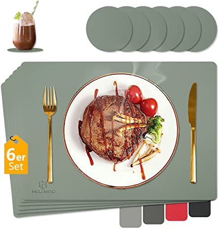 HELI MIAO Tischsets Abwaschbar,Platzsets Abwischbar, Leder,Hitzebeständig Doppelseitigen I 6er Set Platzdeckchen Lederoptik mit Untersetzer,Tischuntersetzer rutschfest,Salbeigrün