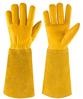 Guantes de jardinería a prueba de espinas para hombres y mujeres, guantes de jardín de cuero para poda de rosas con guante de manga larga (mediano)