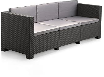 SP Berner - Sofá de Jardín Diva 3 Plazas - Diseño en Imitación Ratán con Cojín Incluido - Resistente y Sostenible - Fácil Montaje - 190 x 66 x 72 cm - Grafito