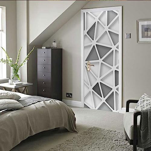 A.Monamour Adesivo Porta Autoadesiva 3D Grigio Bianco Triangoli Modello Sfondo Geometrico Arte Astratta Vinile PVC Adesivi per Porte Interne Pellicola Adesiva Poster Murale Parete 77x200cm