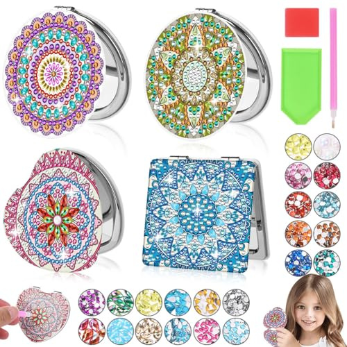 AUAUY 4 Stück Diamond Painting Taschenspiegel, 5D DIY Reisespiegel