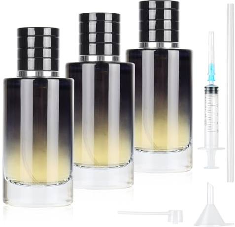 MirraSwit 3Pcs 50ml Perfume Atomiser, Gradient Blue Round Clear Empty Glass Perfume Spray Bottles, Travel Perfume with Accessories Such as Funnel, Dispenser and Syringe for Travelling