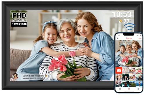 15,6 Zoll digitaler Bilderrahmen WLAN 64 GB 1920 x 1080 FHD IPS Touchscreen, Automatische Drehung Wandmontage Bewegungssensor Teilen von Fotos/Videos sofort über die Frameo App