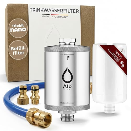 Alb Filter MOBIL Nano Trinkwasserfilter Edelstahl – Wasserfilter Trinkwasser für Wohnmobil & Camping – Der Wasserfilter filtert Keime, Bakterien u.v.m. aus dem Trinkwasser – Made in Germany