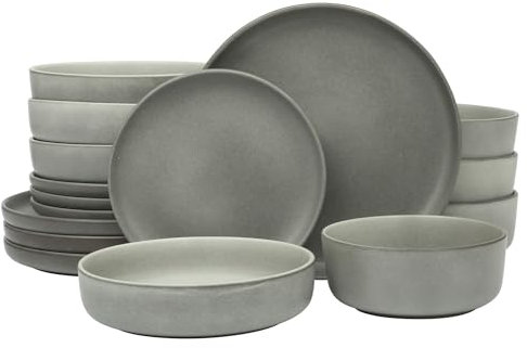 Gibson Elite Pasco 16 Piece (Service for 4) Plates and Bowls Double Bowl Reactive Glaze Dishes Stoneware Ceramic Dinnerware Set - Grey