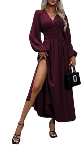 LIAMERHE Women's Winter Maxi Dress V-Neck Wrap Long Sleeve Elegant Sundress High Waist Ladies Casual Autumn Slit Elastic Dresses for Wedding Party Fuchsia L