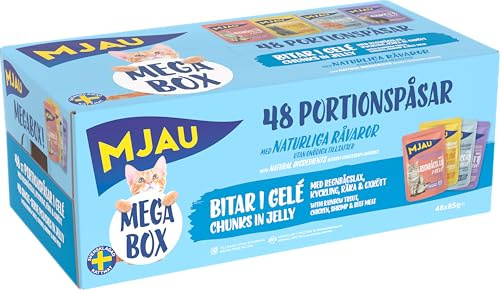 Mjau 48x85g våtfoder för katter bitar i gelé – Megabox med regnbågslax, kyckling, räka & nötkött. Storpack för fräscha måltider varje dag, med naturliga råvaror och utan tillsatt socker & färgämnen.