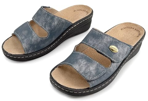 JOMIX Zapatillas Ortopédicas de Mujer con Cierre Ajustable Pantuflas de Verano Anatómicas y Ergonómicas Plantilla Extraíble de Piel Sandalias Cuña Cómoda para Pies Sensibles y Mayor Azul 35
