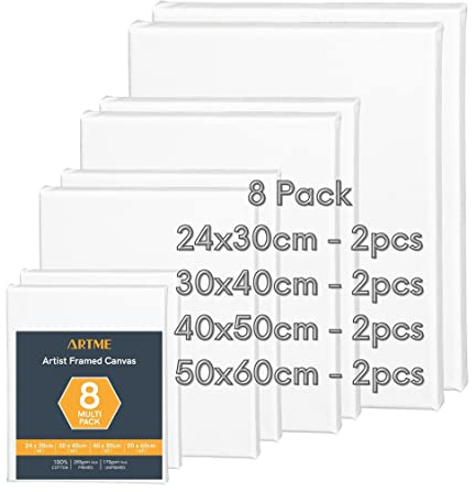 ARTME Toile à Peindre 8pcs (24x30-2pcs, 30x40-2pcs, 40x50-2pcs, 50x60-2pcs) Toile encadrée/ 280GSM / 100% coton/vierge/triple apprêt/sans acide/grain moyen / 1,7 cm - acrylique/huile