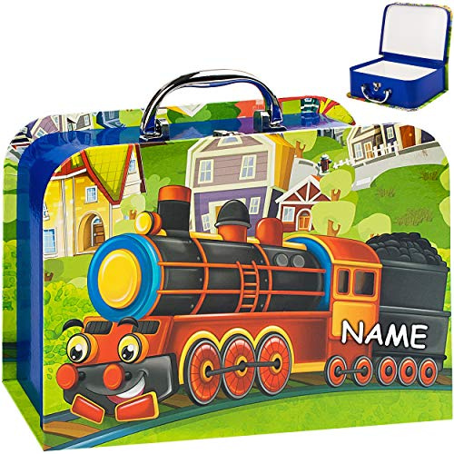 alles-meine.de GmbH Koffer/Kinderkoffer - GROß - Eisenbahn & Lokomotive - inkl. Name - 27 cm - Pappkoffer - Puppenkoffer - Kinder - Pappe Karton - Zug Lok Bahn/Bahnfahrt Zugr..
