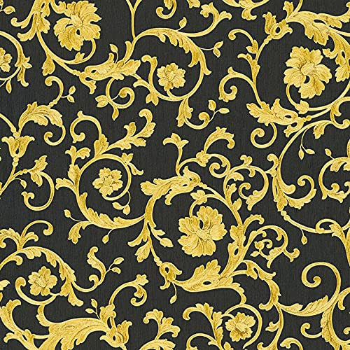 BRICOFLOR Vliestapete | Barock-Tapete Tapete barock - Tapeten für Wohnzimmer - Gelb, Grau, Schwarz / Anthrazit | 10,05 x 0,70 m = Rolle 7.04 m²