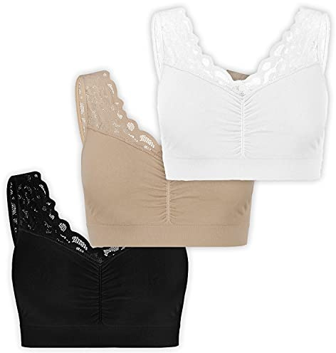 UnsichtBra Lot de 3 bustiers, avec dentelle fine, soutien-gorge pour femme, sans armatures, doux, brassière d'allaitement pour dormir, Noir, blanc, beige., XL